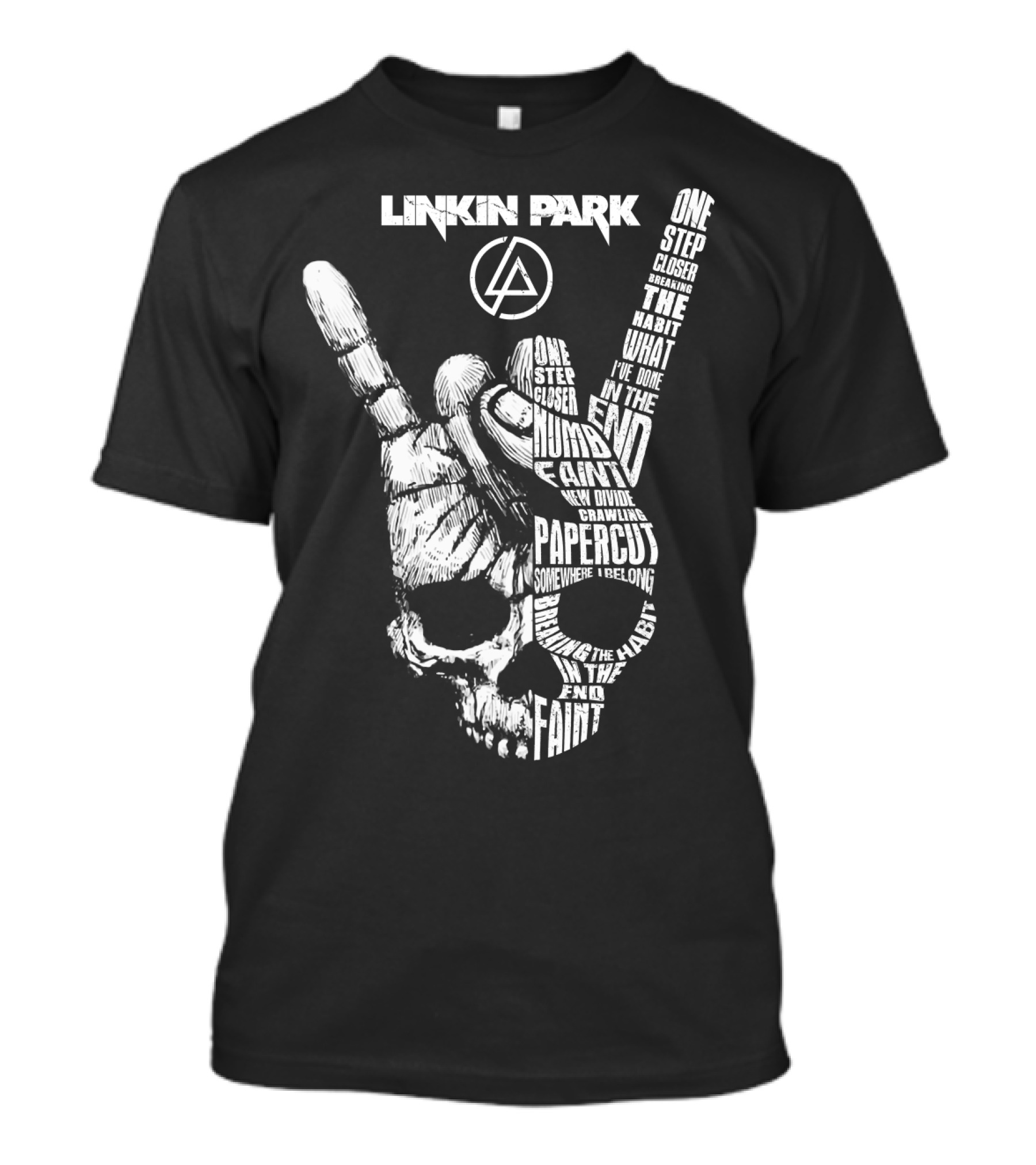 Linkin Park Lyrics Skull Hand Sign With Songs Faint In The End Crawling One Step Closer T-Shirt