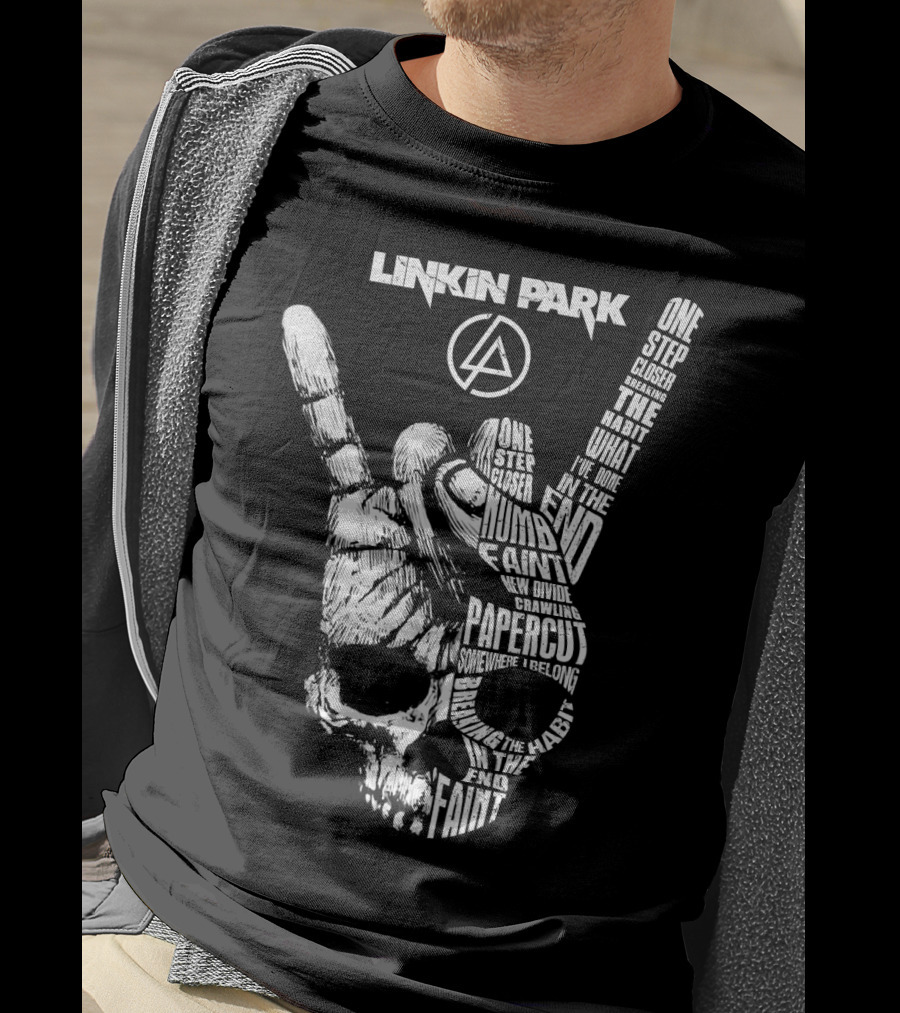 Linkin Park Lyrics Skull Hand Sign With Songs Faint In The End Crawling One Step Closer T-Shirt