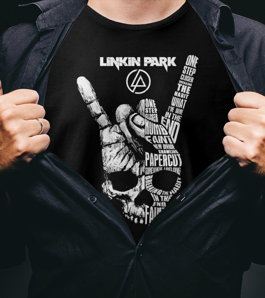 Linkin Park Lyrics Skull Hand Sign With Songs Faint In The End Crawling One Step Closer T-Shirt