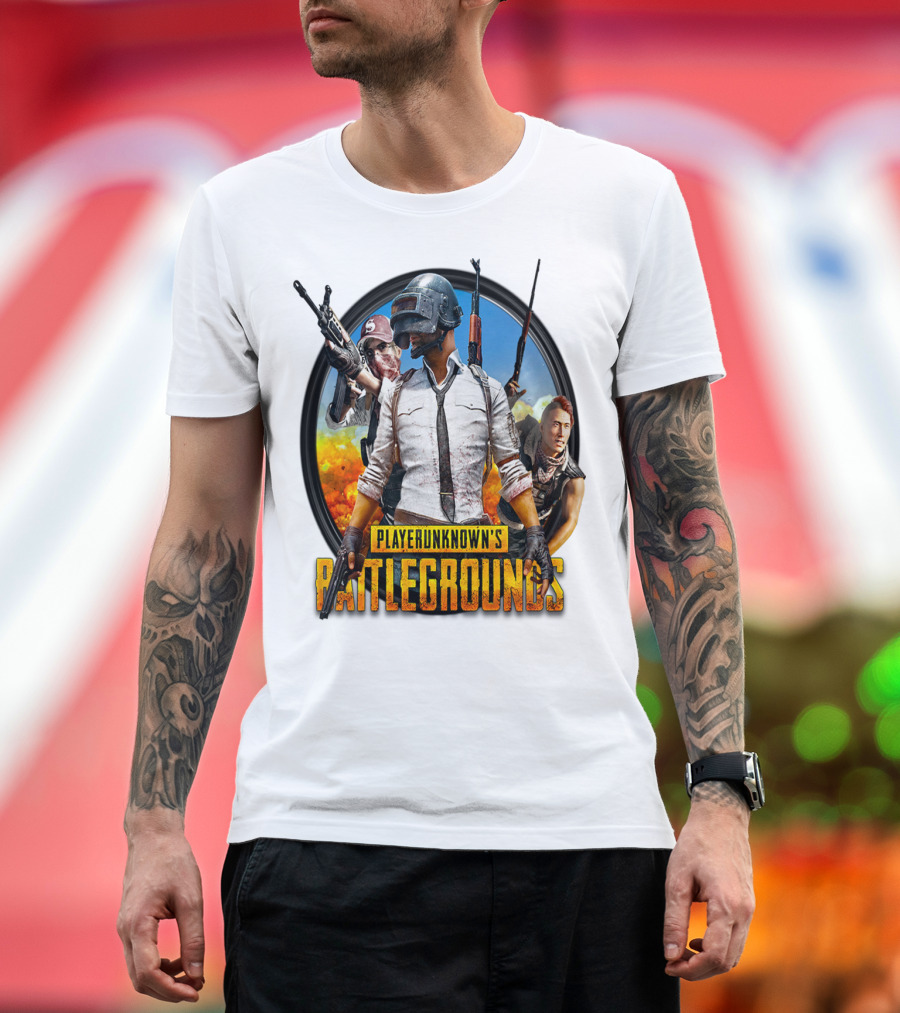 PlayerUnknown's Battlegrounds Trio Helmet and Weapons Explosive Background T-Shirt