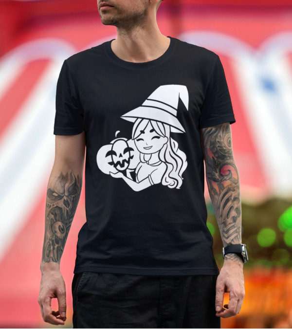 Premium T-Shirt: Witch Holding Smiling Pumpkin T-Shirt Witch Holding Smiling Pumpkin T-Shirt