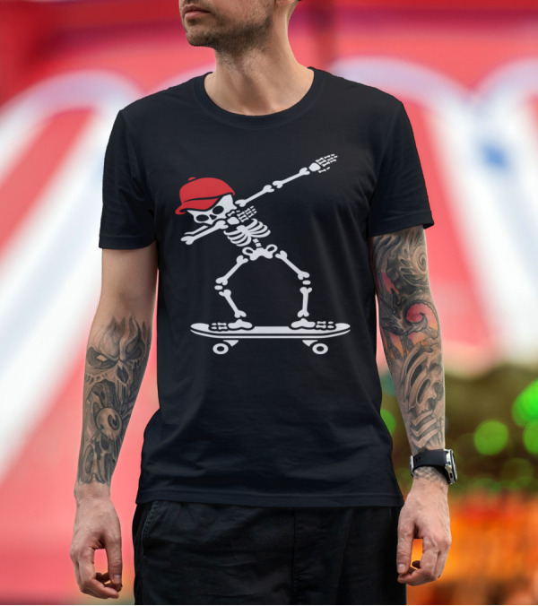 Premium T-Shirt: Dabbing Skeleton in Red Cap on Skateboard Skater Pose T-Shirt Dabbing Skeleton in Red Cap on Skateboard Skater Pose T-Shirt