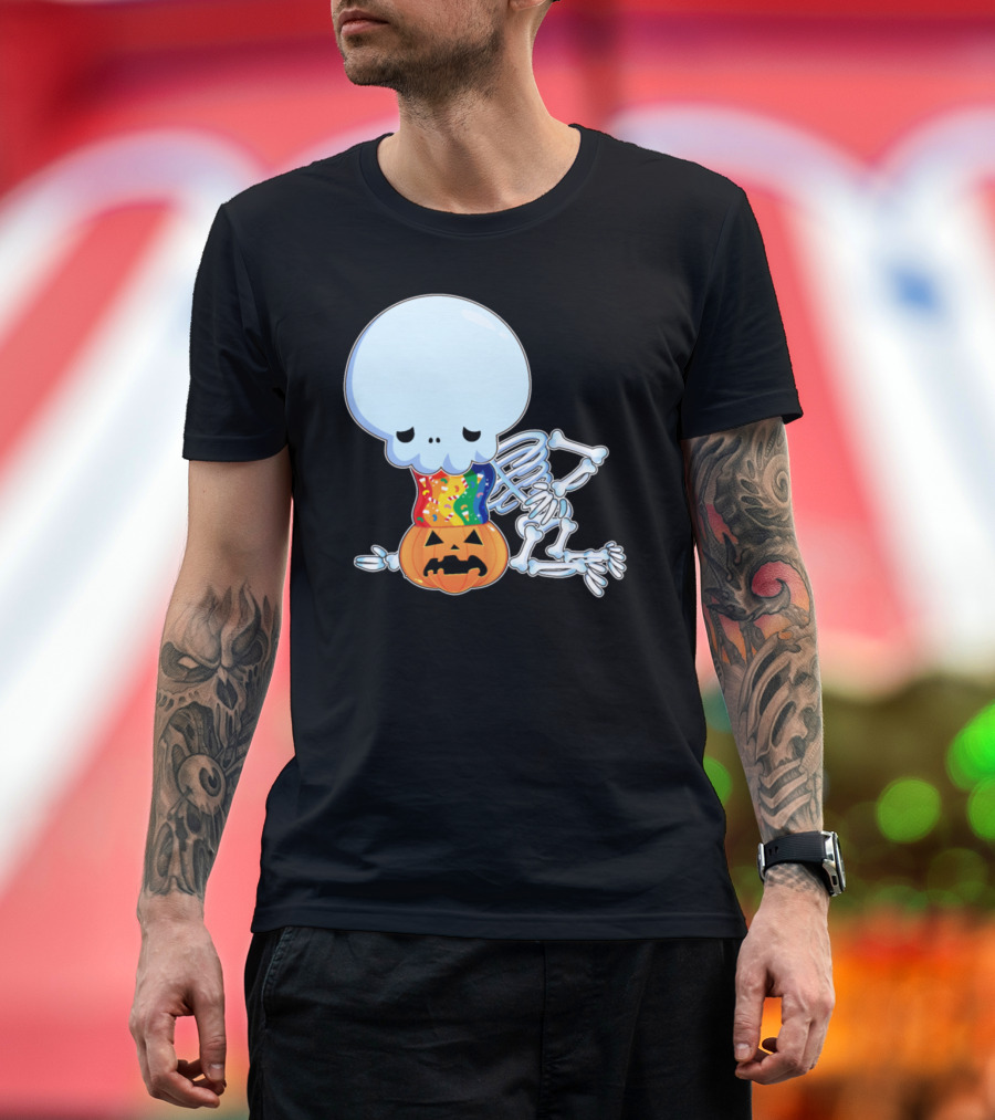 Skeleton Halloween Pumpkin Vomiting Rainbow Candy T-Shirt