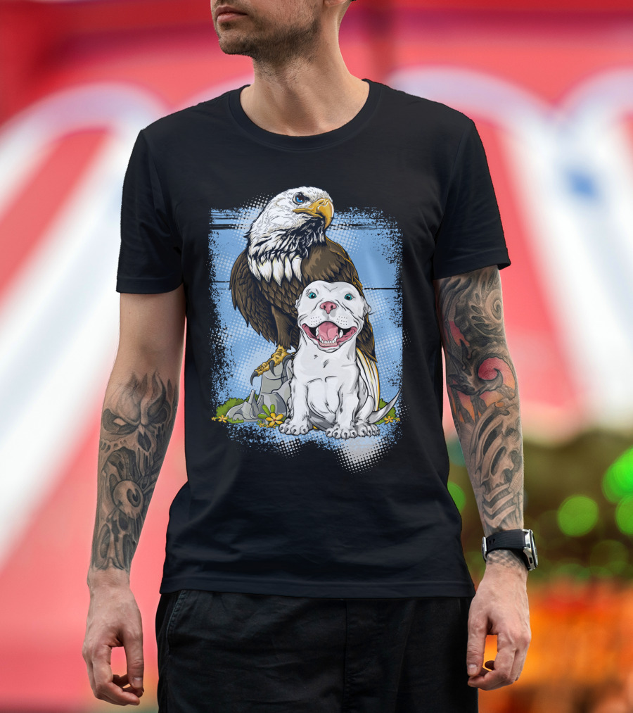 Eagle and Happy Dog Companion on Rock with Blue and Green Accents T-Shirt