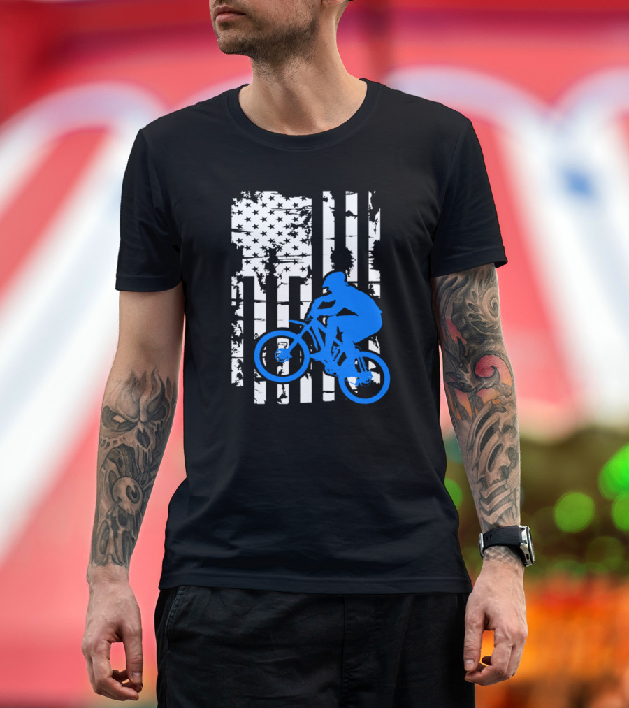 American Grunge Mountain Bike Silhouette on Distressed Flag T-Shirt