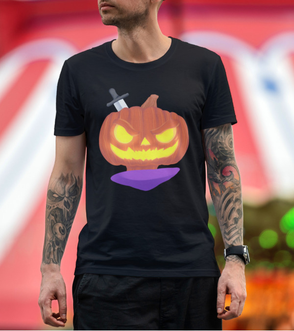 Premium T-Shirt: Funny Halloween Pumpkin with Knife and Glowing Eyes T-Shirt Funny Halloween Pumpkin with Knife and Glowing Eyes T-Shirt