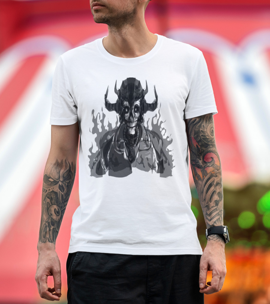 Dark Skeleton Warrior with Horns and Evil Eyes T-Shirt