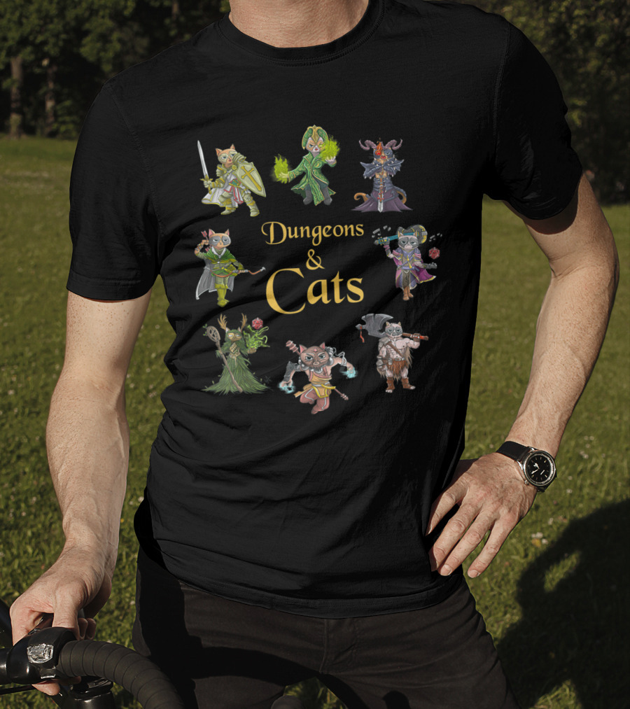 Dungeons And Cats Warrior Mage Archer Knight Characters T-Shirt