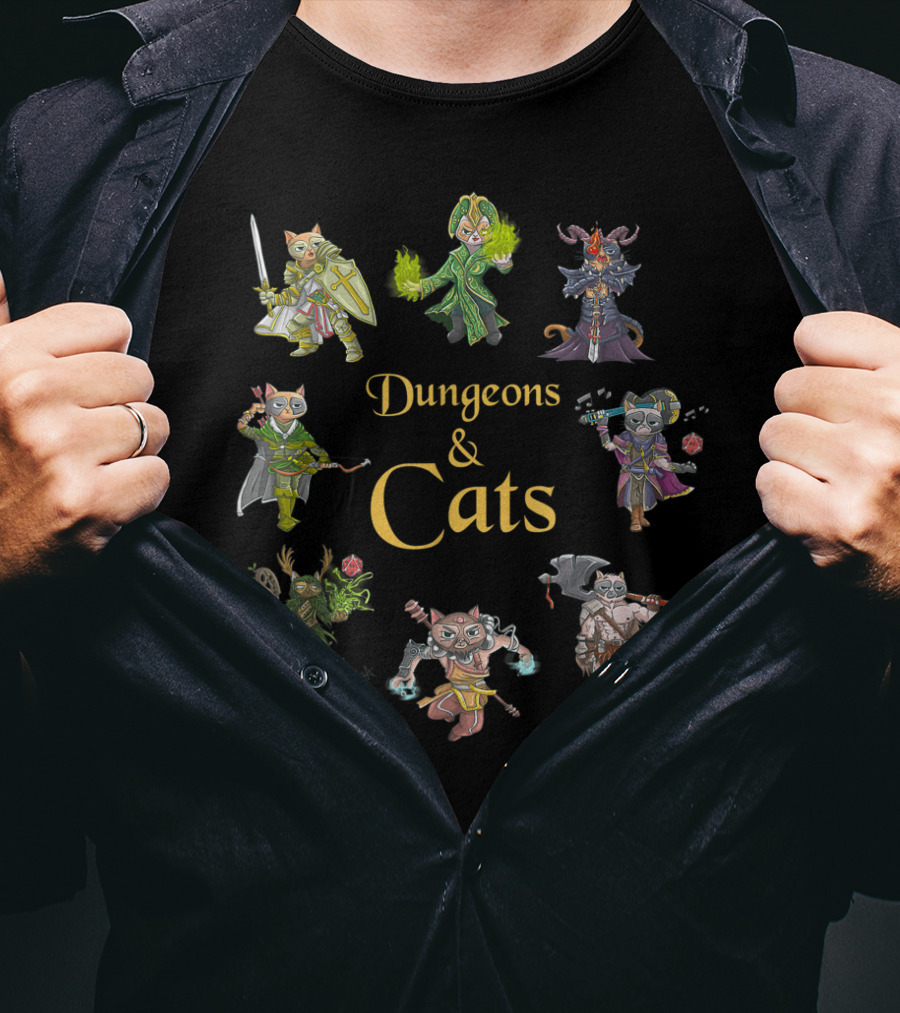 Dungeons And Cats Warrior Mage Archer Knight Characters T-Shirt