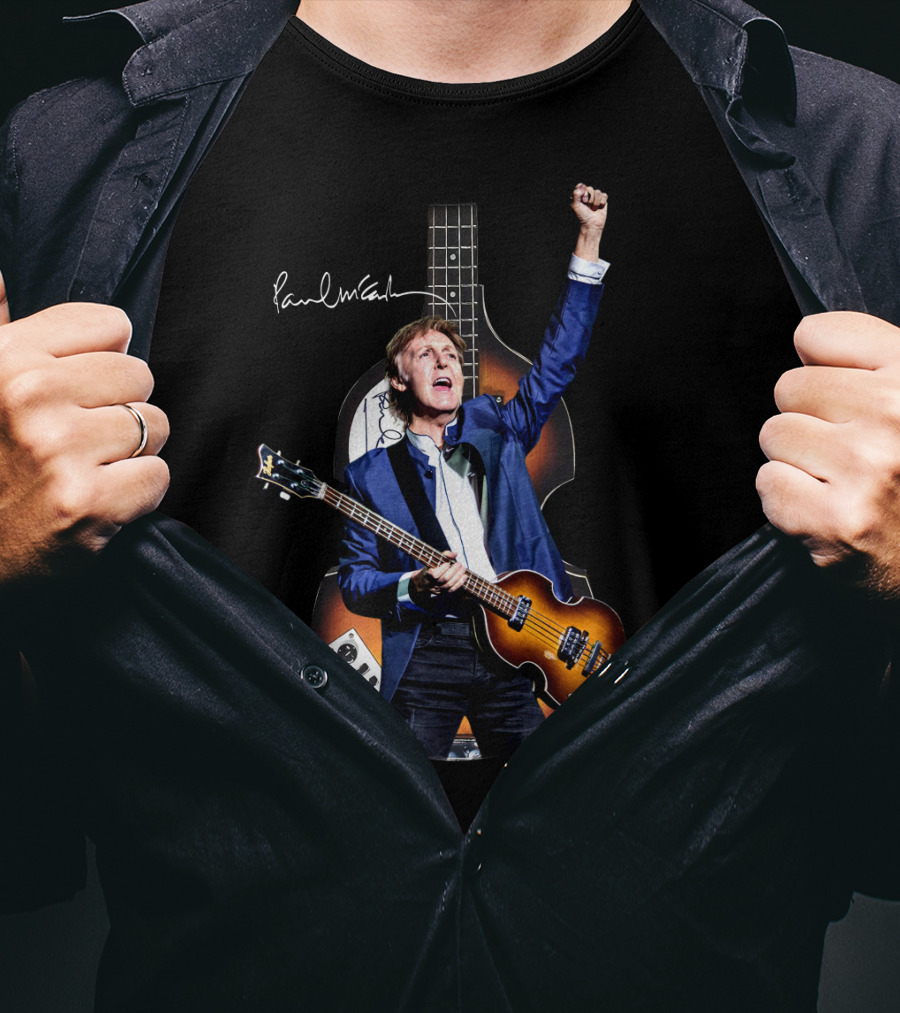 Paul McCartney Signature Bass Guitar Iconic Imagery With Raised Fist T-Shirt