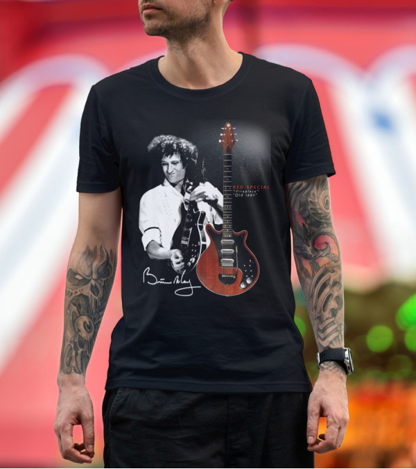 Premium T-Shirt: Brian May Red Special Fireplace Old Lady Guitar Signature Image T-Shirt Brian May Red Special Fireplace Old Lady Guitar Signature Image T-Shirt