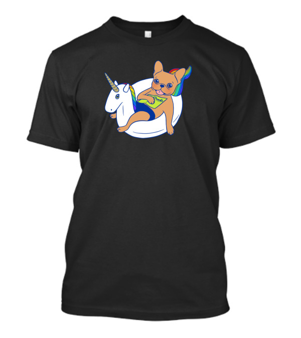 Frenchie Relaxing With Magazine On Unicorn Pool Float In Swimming Pool T-Shirt