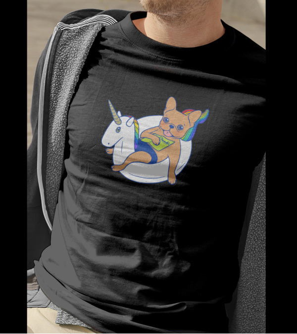 Frenchie Relaxing With Magazine On Unicorn Pool Float In Swimming Pool T-Shirt