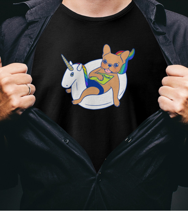 Frenchie Relaxing With Magazine On Unicorn Pool Float In Swimming Pool T-Shirt