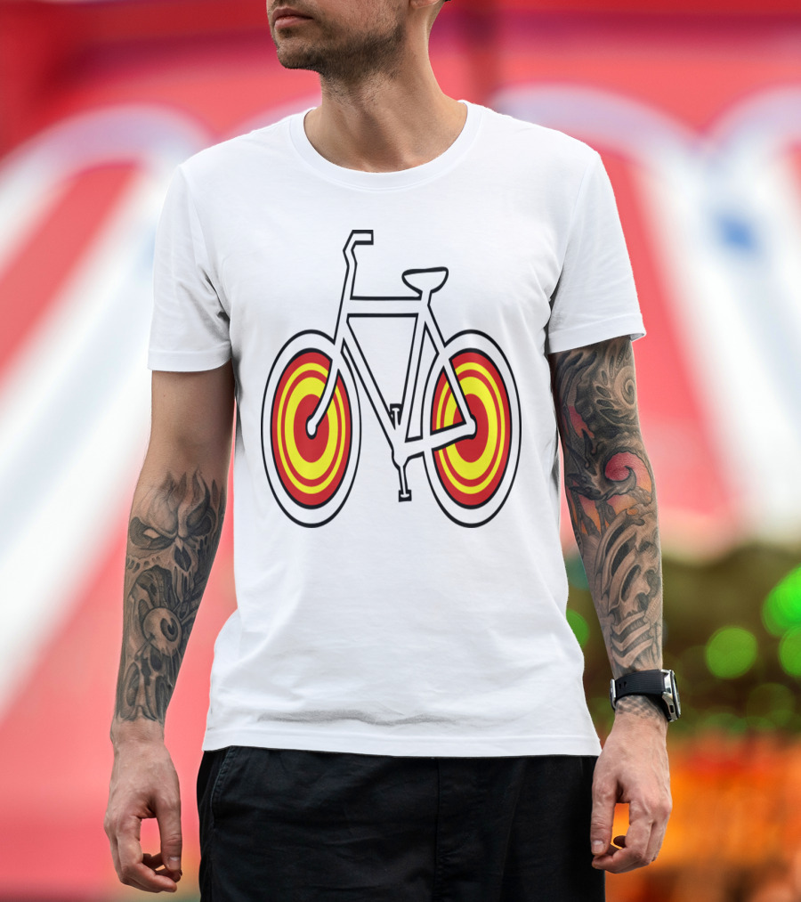 Bicycle Outline with Red and Yellow Concentric Circle Wheels T-Shirt