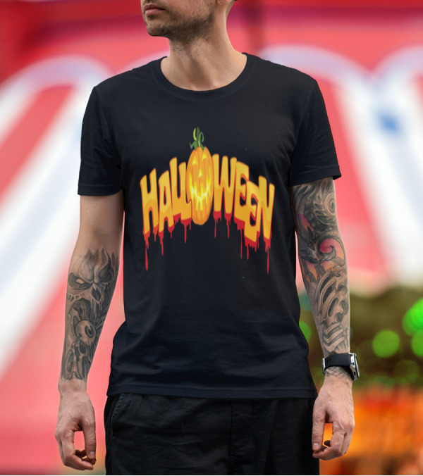 Premium T-Shirt: Halloween Pumpkin Dripping Text T-Shirt Halloween Pumpkin Dripping Text T-Shirt