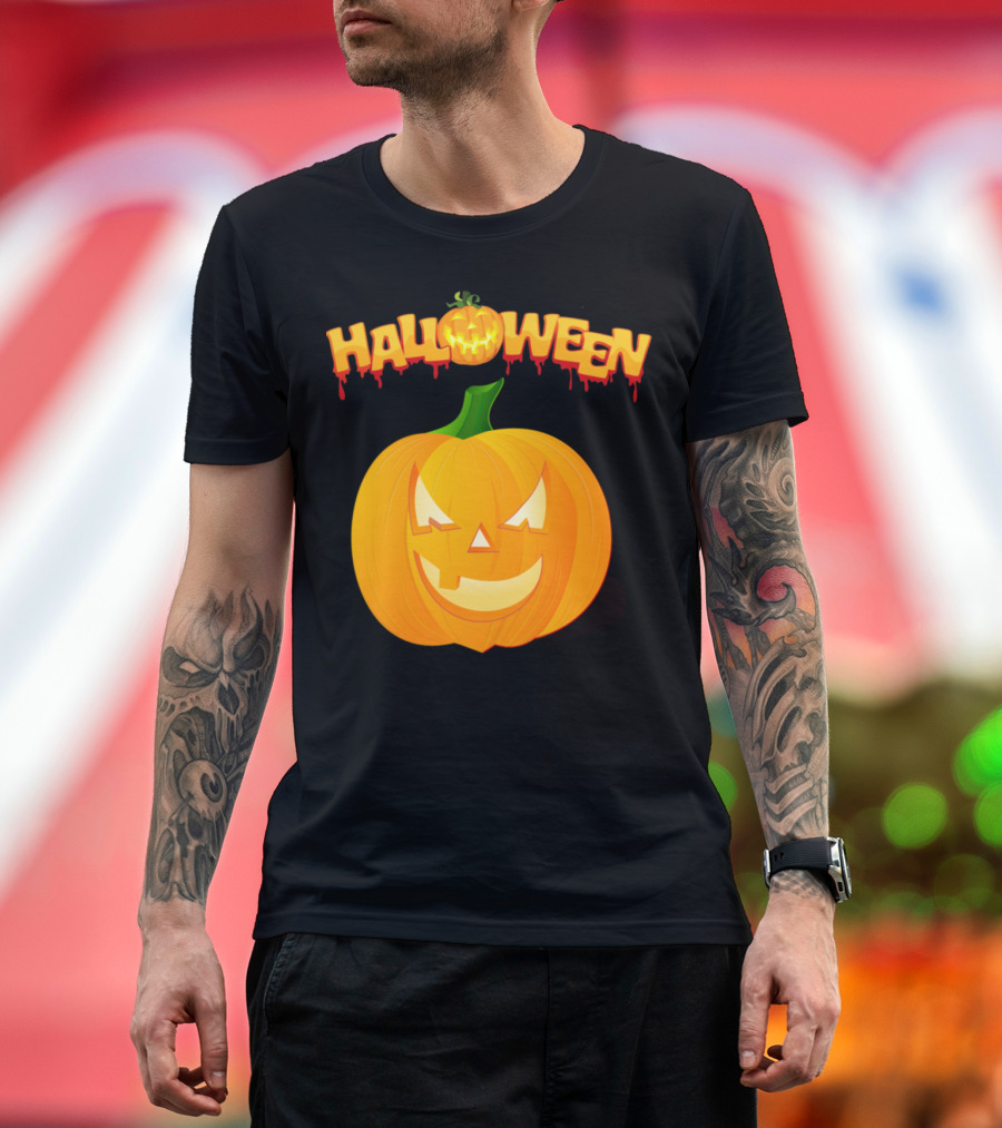 Halloween Smiling Pumpkin with Dripping Text T-Shirt