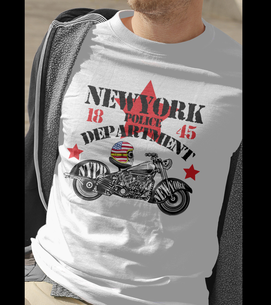 NEWYORK Police Department 1845 NYPD Motorcycle Skull Helmet Stars T-Shirt