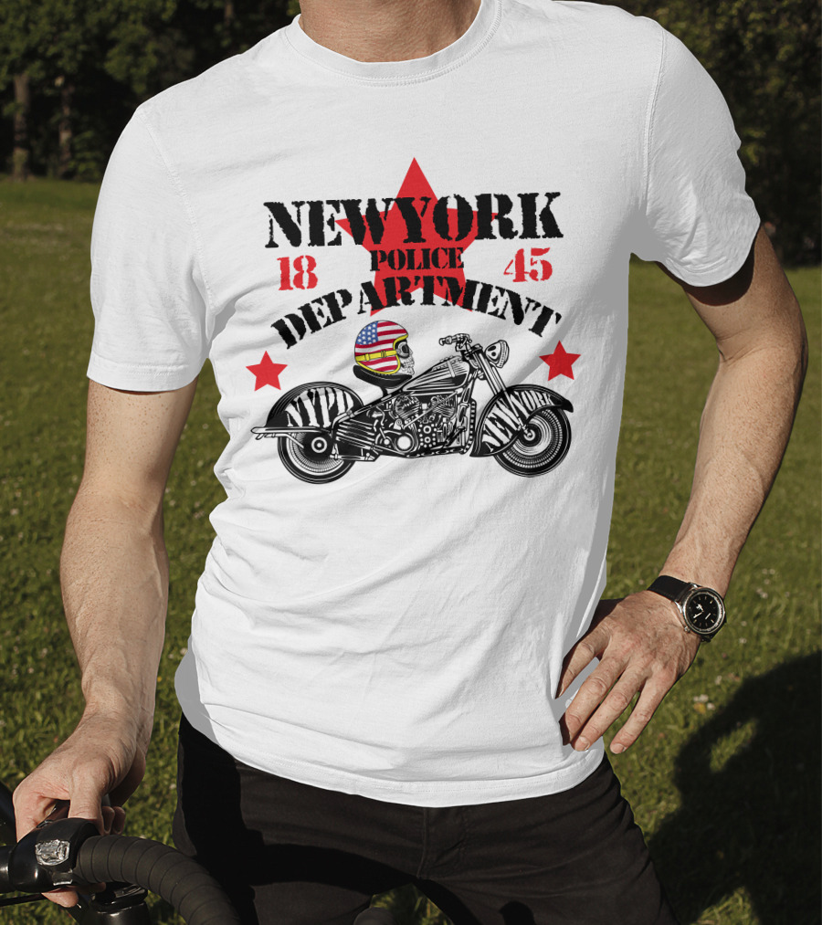 NEWYORK Police Department 1845 NYPD Motorcycle Skull Helmet Stars T-Shirt