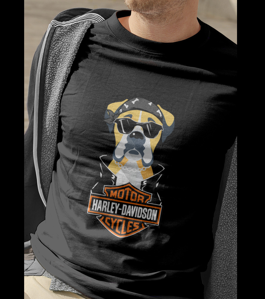 Harley Davidson Boxer Motorcycle Dog With Bandana And Sunglasses T-Shirt
