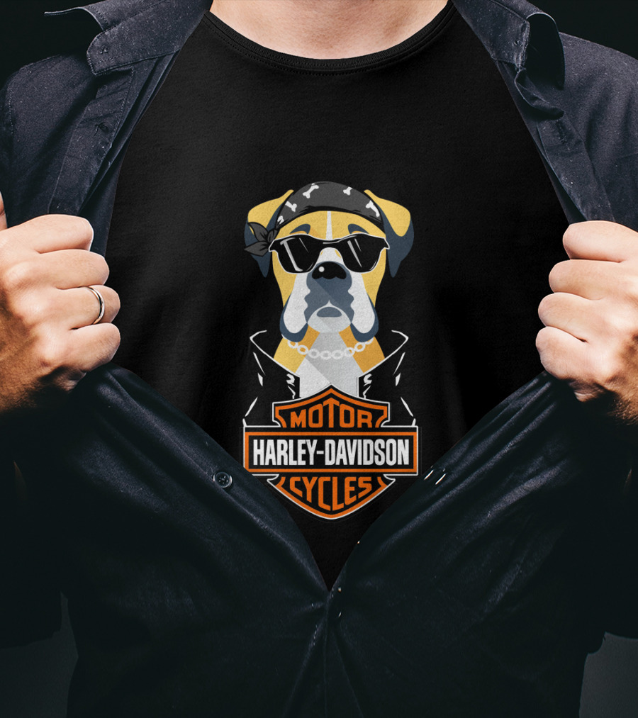 Harley Davidson Boxer Motorcycle Dog With Bandana And Sunglasses T-Shirt