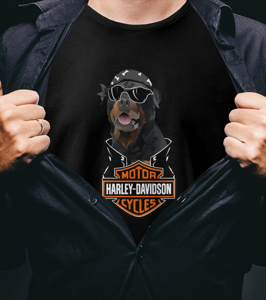 Rottweiler Harley Davidson Motorcycles Biker Bandana And Sunglasses T-Shirt