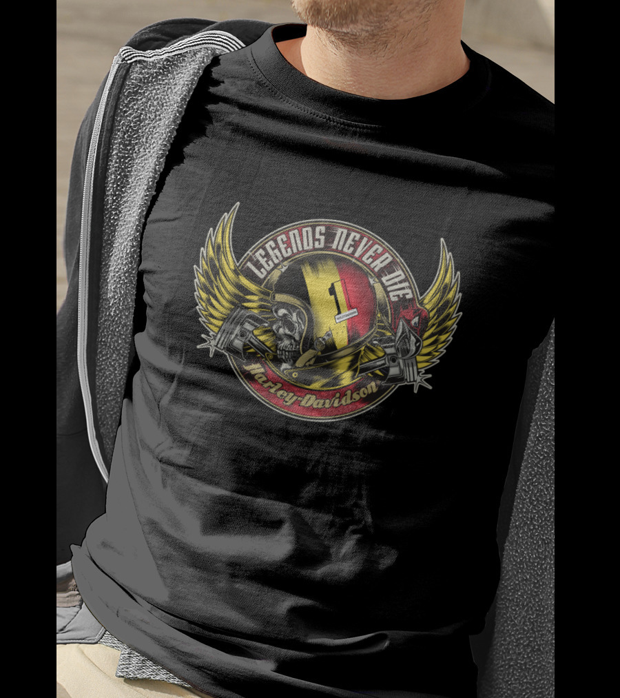 Legends Never Die Belgium Flag Harley Davidson Skull Helmet Wings T-Shirt