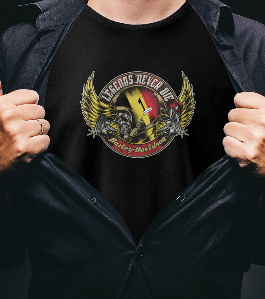 Legends Never Die Belgium Flag Harley Davidson Skull Helmet Wings T-Shirt