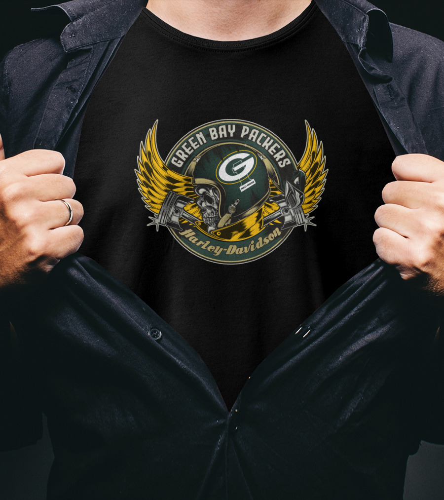 Green Bay Packers Harley Davidson Skull Helmet Wings T-Shirt