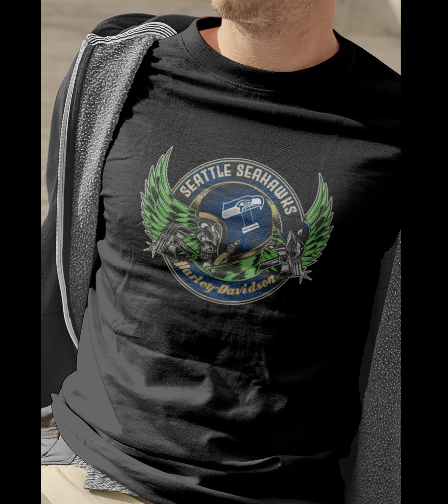 Seattle Seahawks Harley Davidson Skull Helmet With Piston Wings T-Shirt