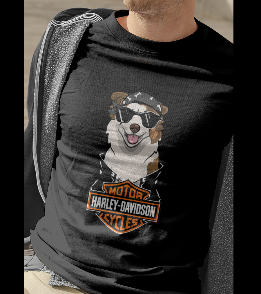 Harley Davidson Motor Cycles Australian Shepherd Biker Dog T-Shirt