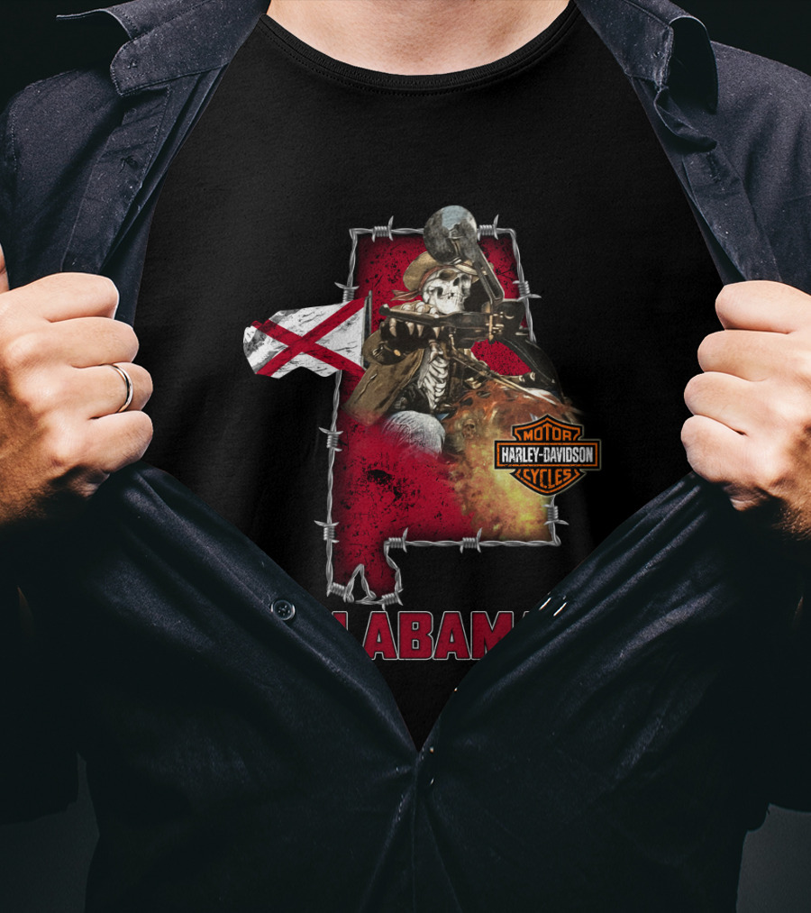 Alabama Harley Davidson Motorcycles Skeleton With Flag And Barbed Wire T-Shirt
