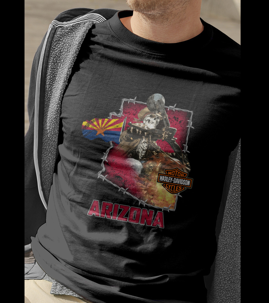 Arizona Harley Davidson Motorcycles Skeleton With State Flag T-Shirt