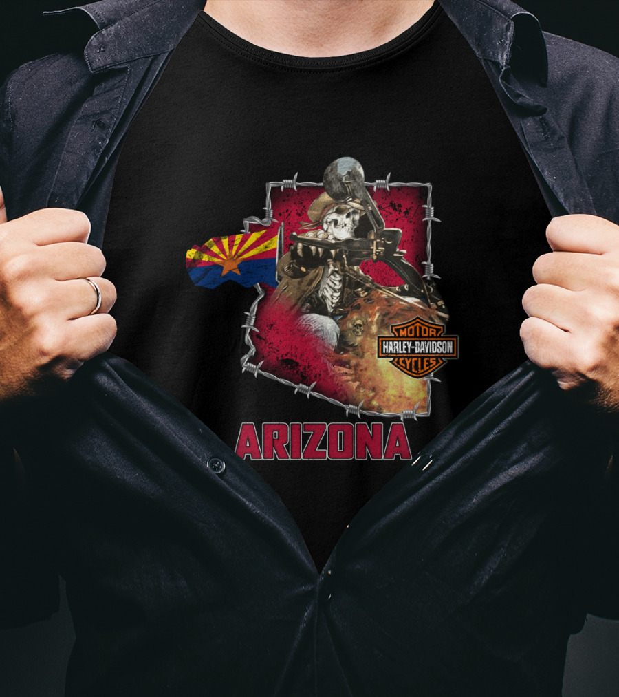 Arizona Harley Davidson Motorcycles Skeleton With State Flag T-Shirt