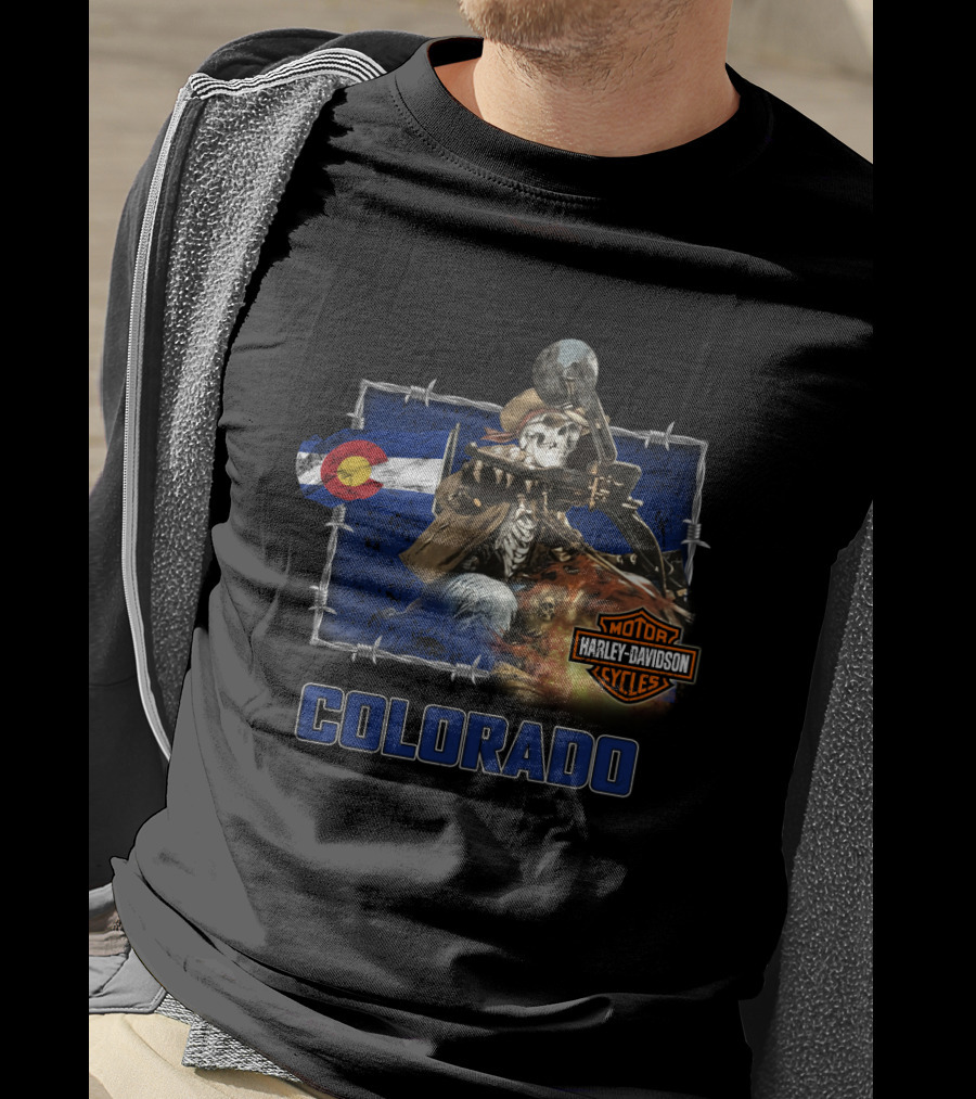 Colorado Harley Davidson Skeleton Rider With State Flag T-Shirt