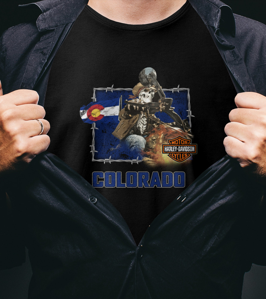 Colorado Harley Davidson Skeleton Rider With State Flag T-Shirt