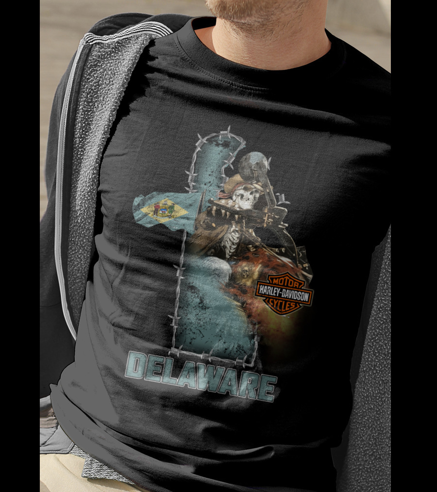 Delaware Harley Davidson Motorcycles Skeleton And Flag T-Shirt