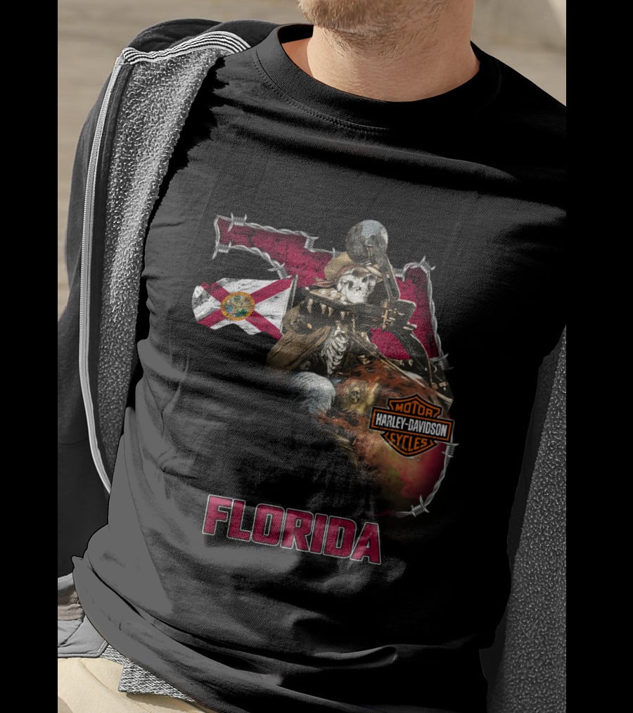 Florida Harley Davidson Skeleton Biker With State Flag T-Shirt