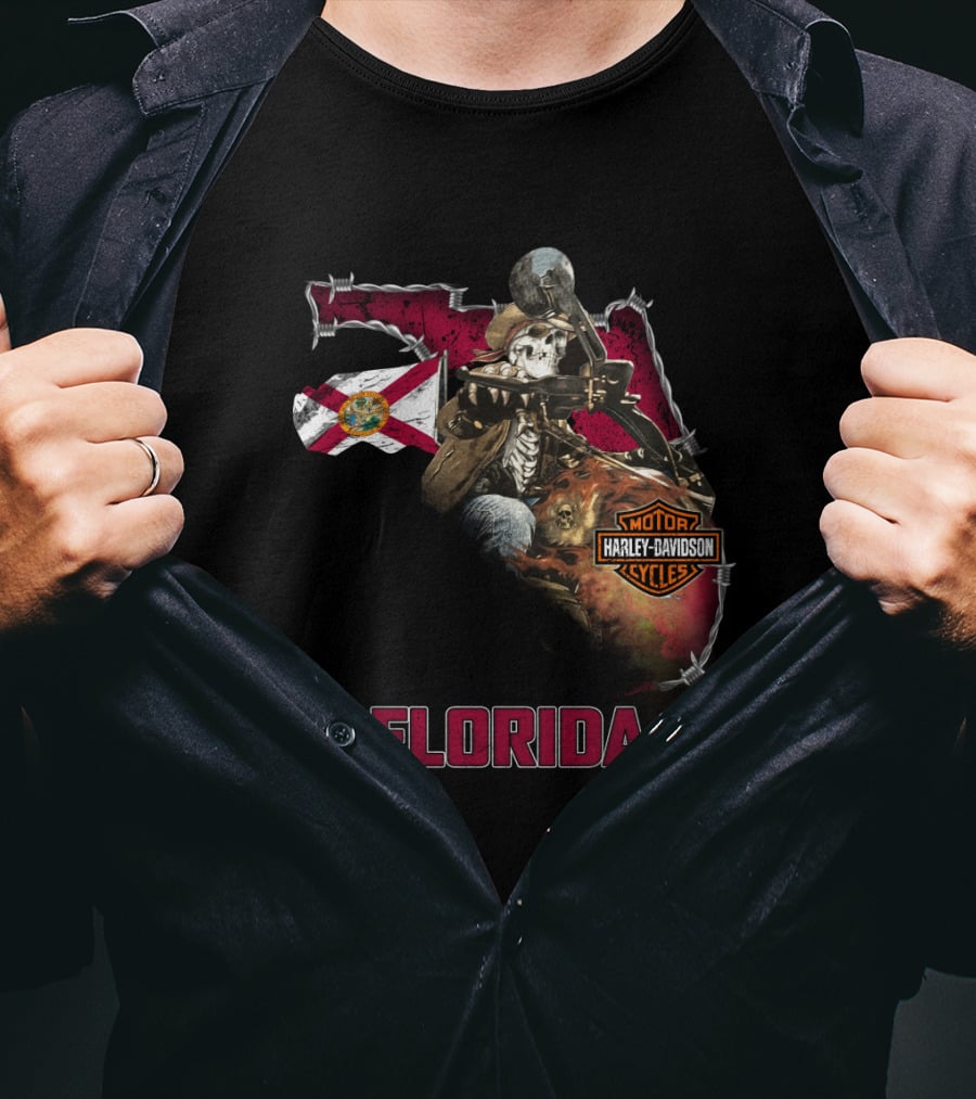 Florida Harley Davidson Skeleton Biker With State Flag T-Shirt