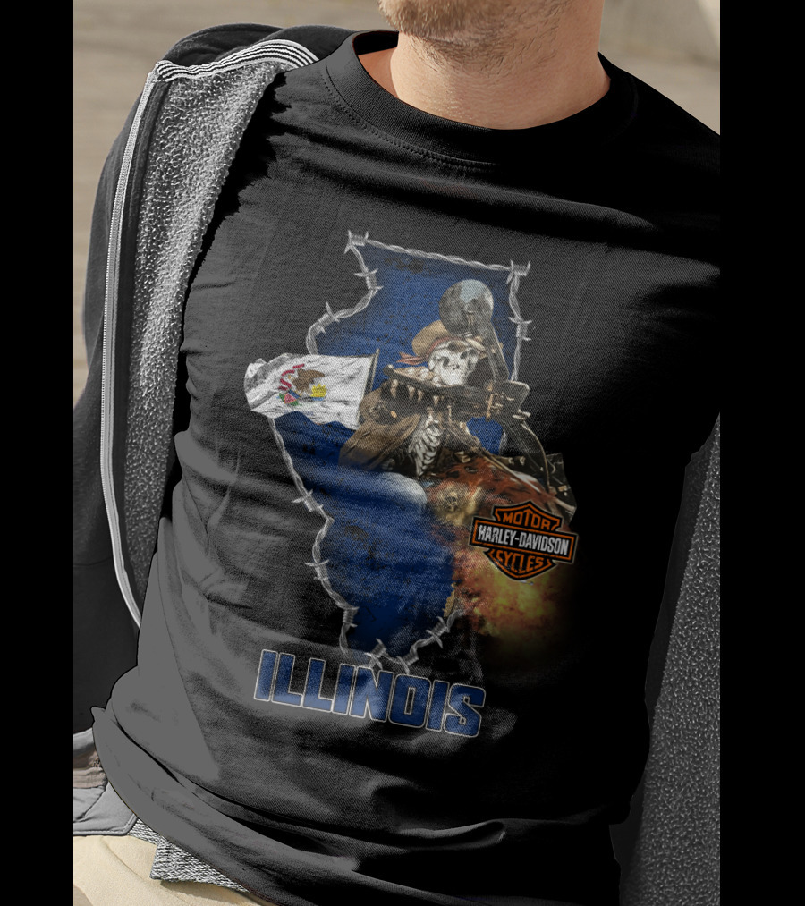 Illinois Harley Davidson Motorcycles Skeleton Rider Barbed Wire Flag T-Shirt