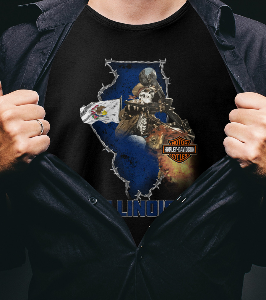 Illinois Harley Davidson Motorcycles Skeleton Rider Barbed Wire Flag T-Shirt