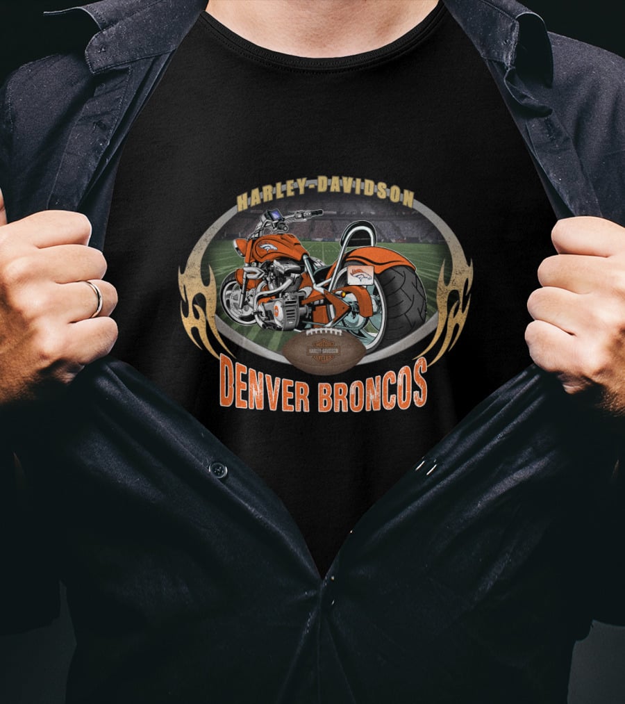 Denver Broncos Harley Davidson Motorcycle Football T-Shirt