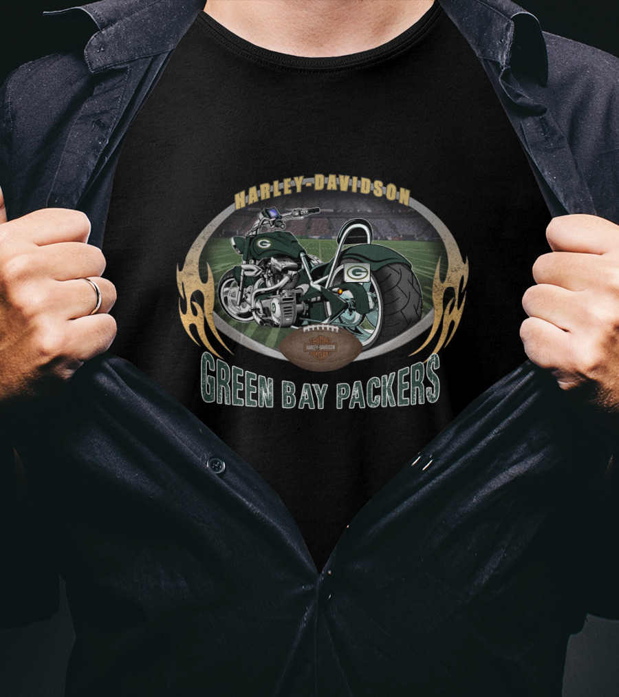 Harley Davidson Green Bay Packers Motorcycle Football Stadium T-Shirt