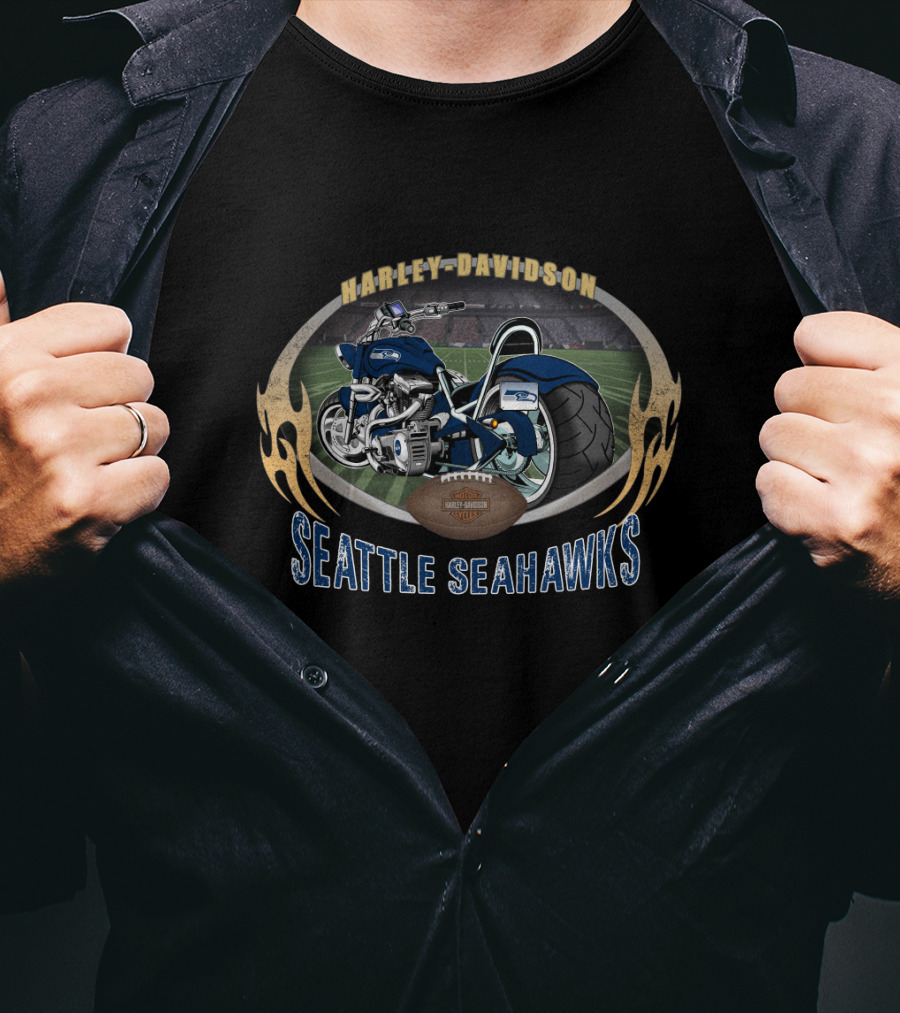 Harley Davidson Seattle Seahawks Motorcycle Nfl Football Stadium T-Shirt