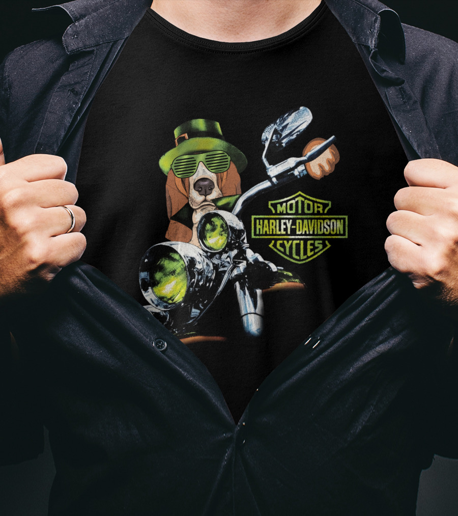 Basset Hound Harley Davidson Motorcycles Green Hat And Glasses Biker T-Shirt