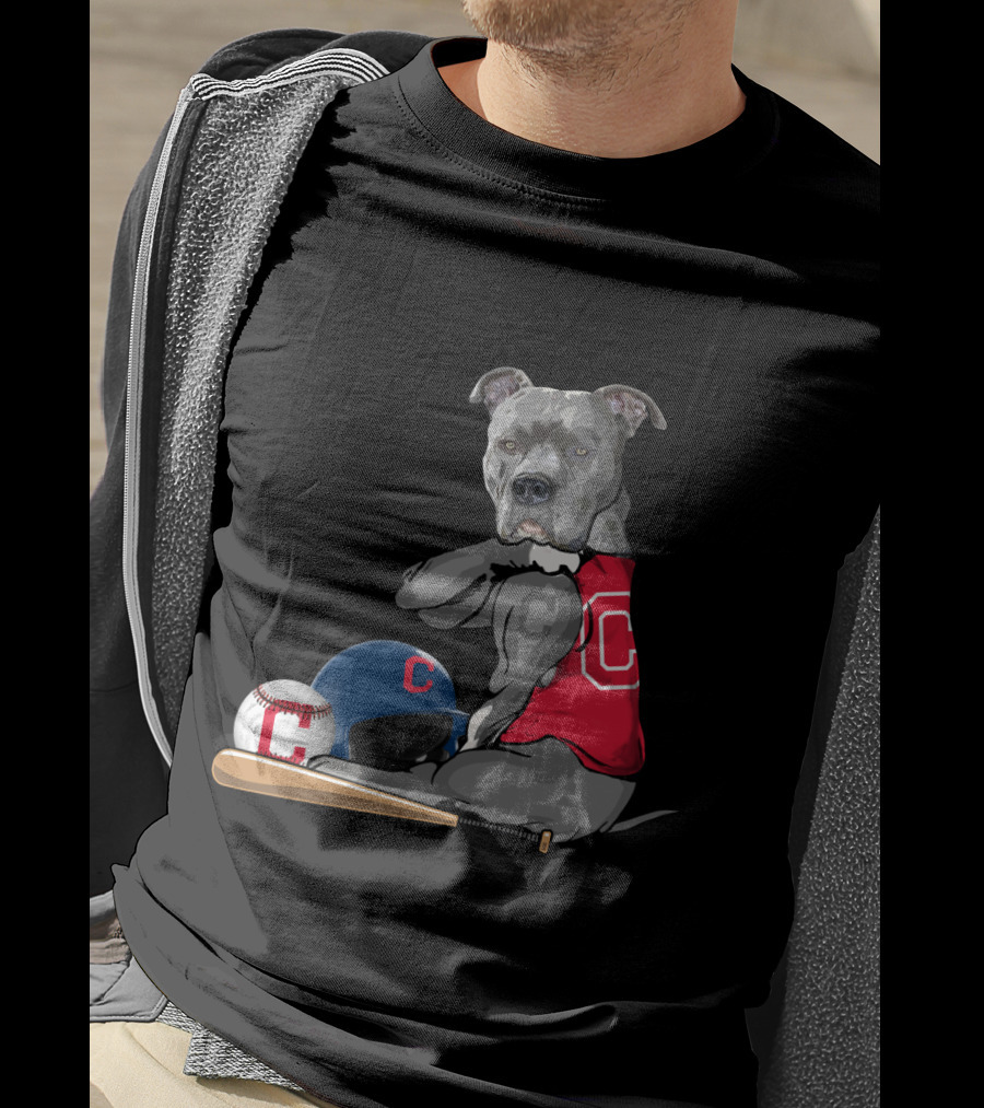Cleveland Indians C Pit Bull Baseball Bat Helmet Sitting Baseball T-Shirt