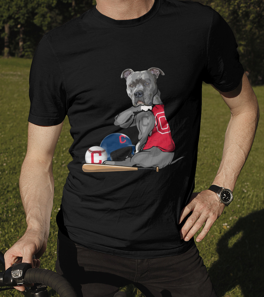 Cleveland Indians C Pit Bull Baseball Bat Helmet Sitting Baseball T-Shirt