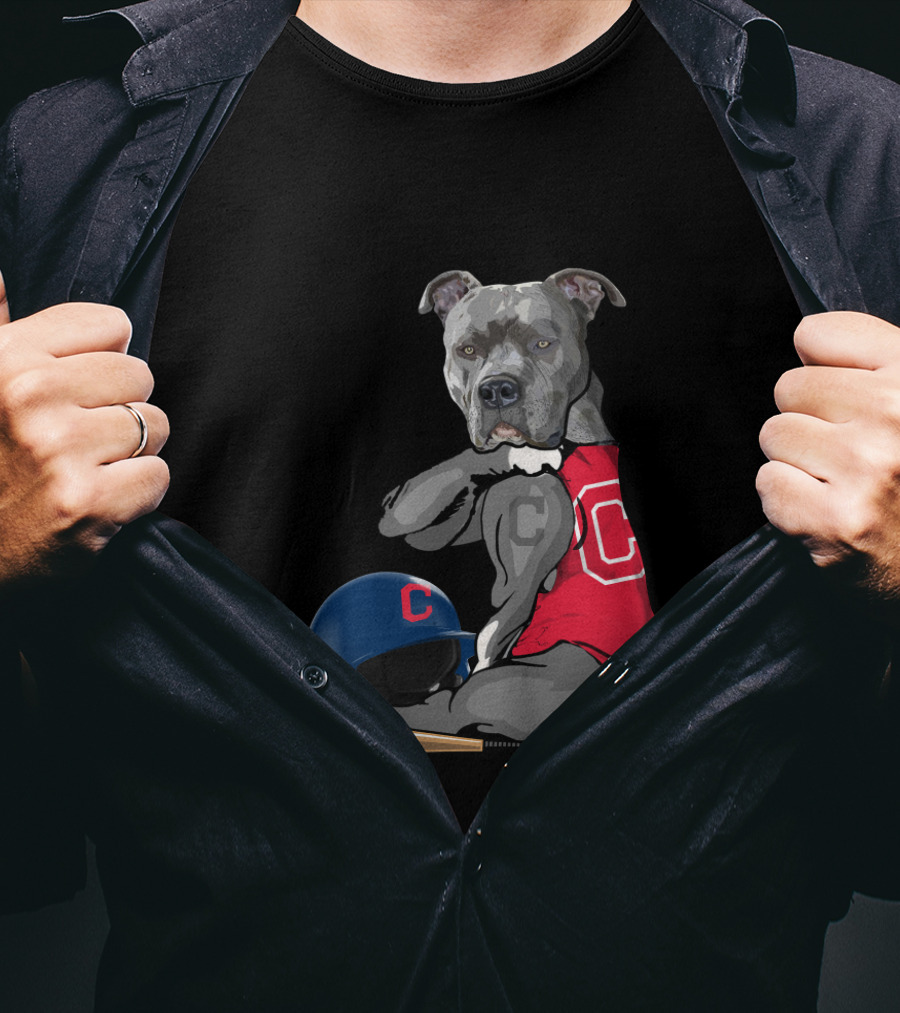 Cleveland Indians C Pit Bull Baseball Bat Helmet Sitting Baseball T-Shirt