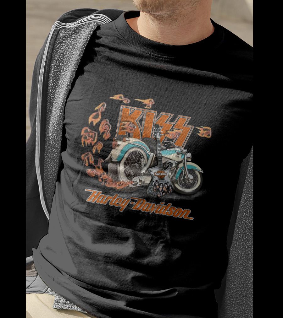 Kiss Harley Davidson Motorcycle With Flames And Guitar T-Shirt