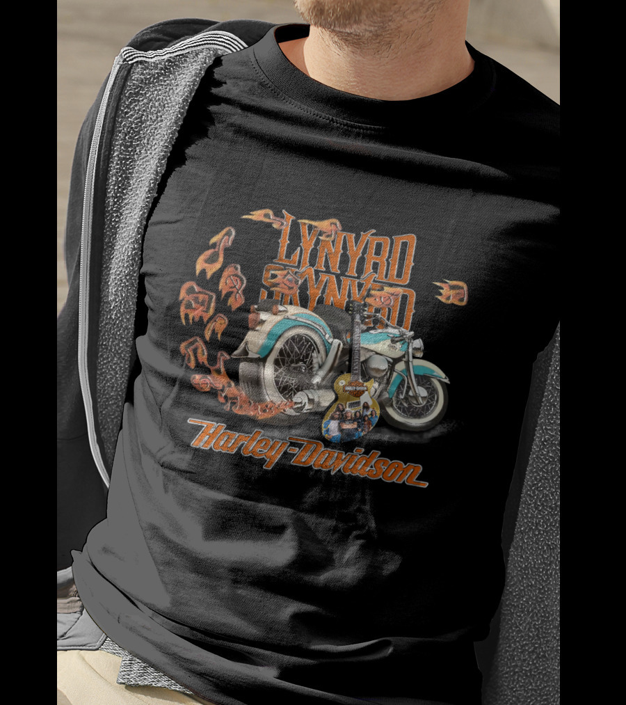 Lynyrd Skynyrd And Harley Davidson Motorcycle With Guitar And Flames T-Shirt